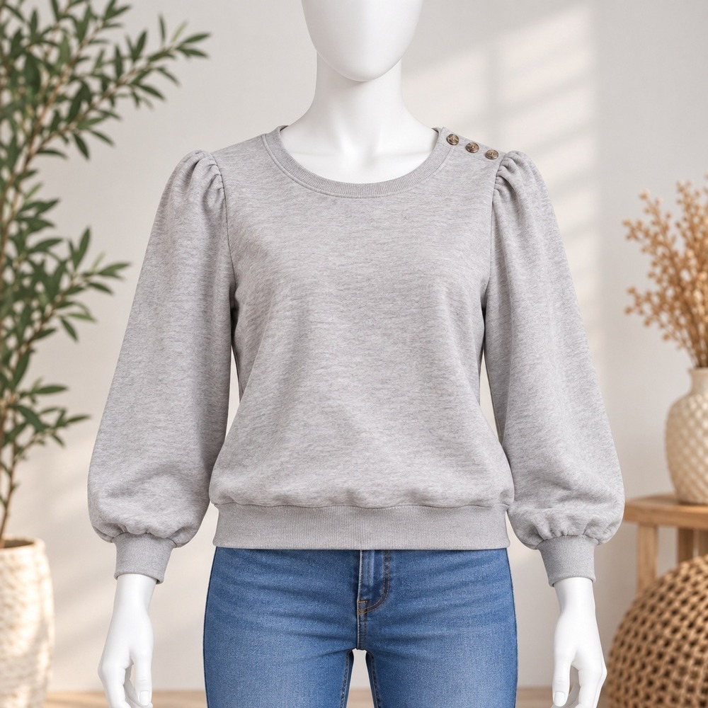 Who What Wear Sweatshirt Womens Medium Gray Puff Sleeve Button Detail Fleece